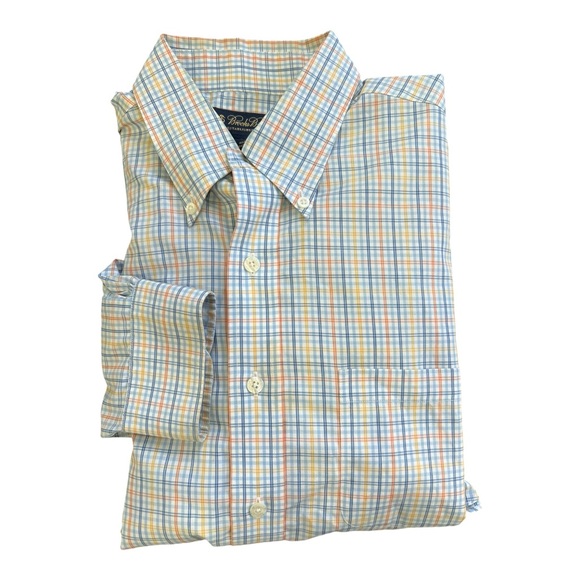 Brooks Brothers Button Down Shirt Long Sleeve Plaid Mens L Orange Blue Yellow - Picture 1 of 5
